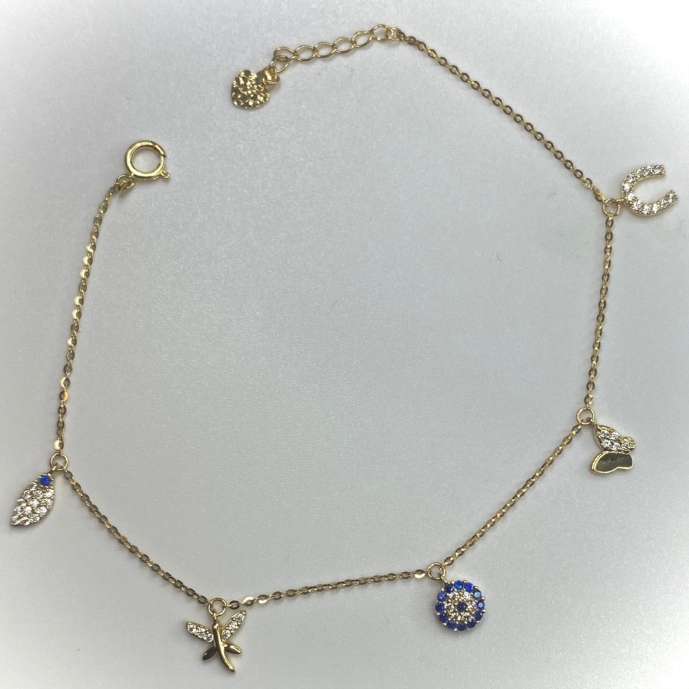 14K Solid Yellow Gold Good Luck 5 Charm Bracelet